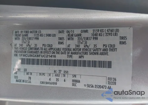 2015 Ford Escape Se из США, поврежденный, VIN 1FMCU9GX8FUC21416